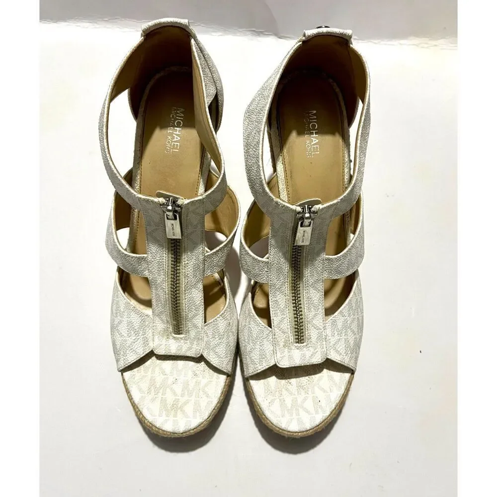 Michael Michael Kors espadrille wedges white gray logo zipper comfy women's 10.5